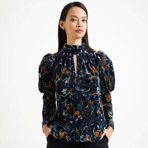 French Connection Avery Velvet Burnout Puff-Sleeve Top - Small - Excellent Cond